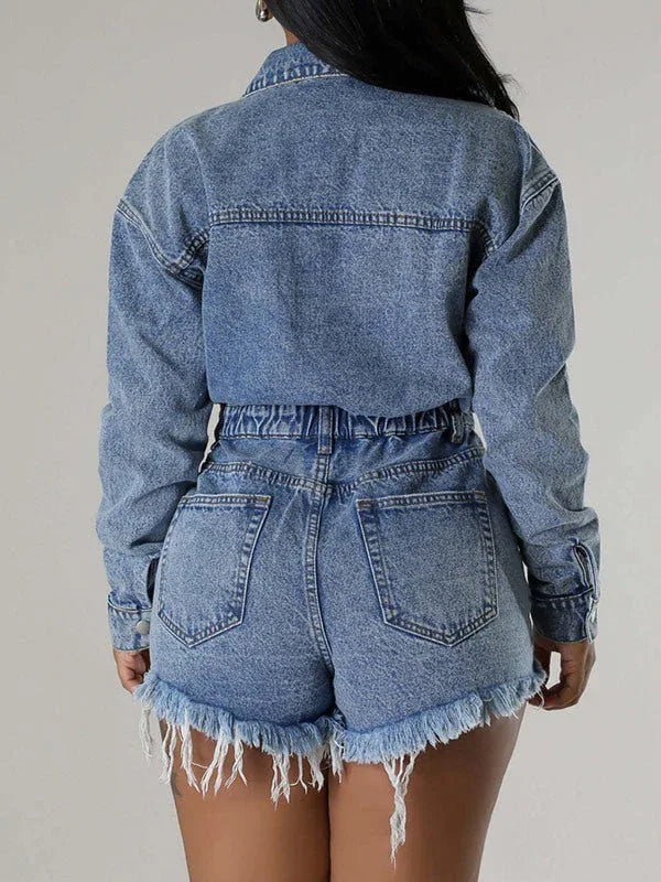 Women's Distressed Snap-Front Denim Mini Romper