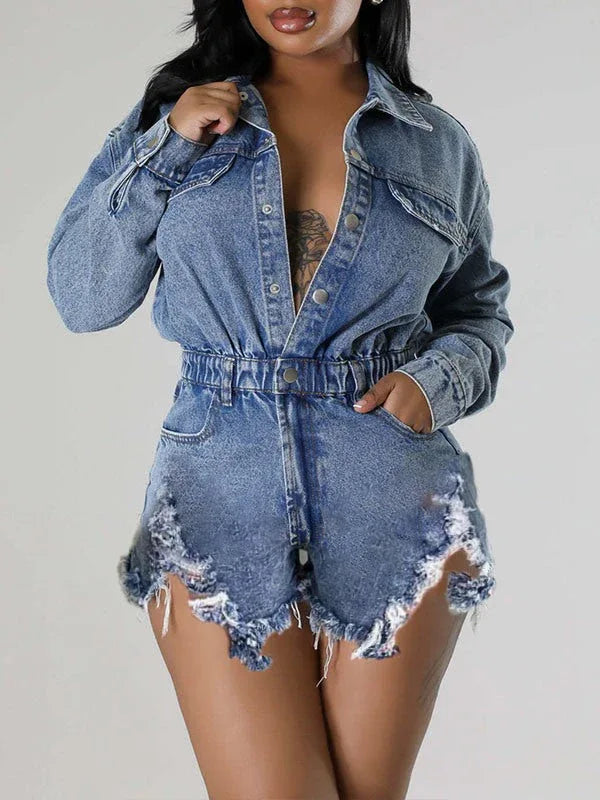 Women's Distressed Snap-Front Denim Mini Romper