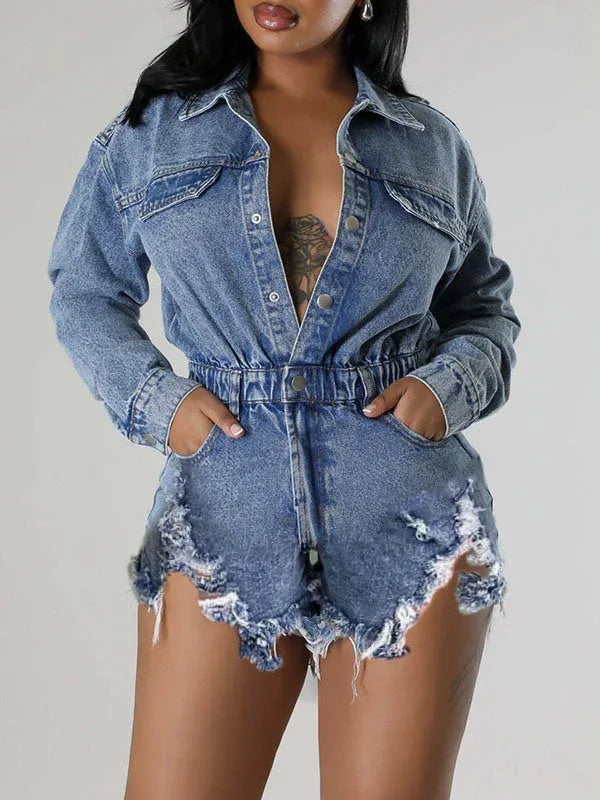 Women's Distressed Snap-Front Denim Mini Romper