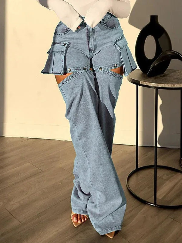Women's Relaxed-Fit Detachable Cargo-Pocket Denim Jeans