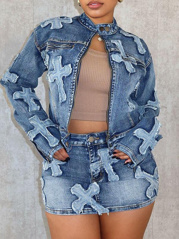 Women's Cross-Front Denim Jacket & Mini Skirt Set