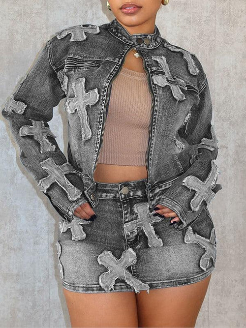 Women's Cross-Front Denim Jacket & Mini Skirt Set