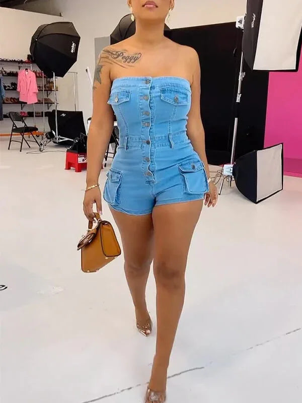 Women's Button-Front Strapless Denim Mini Romper