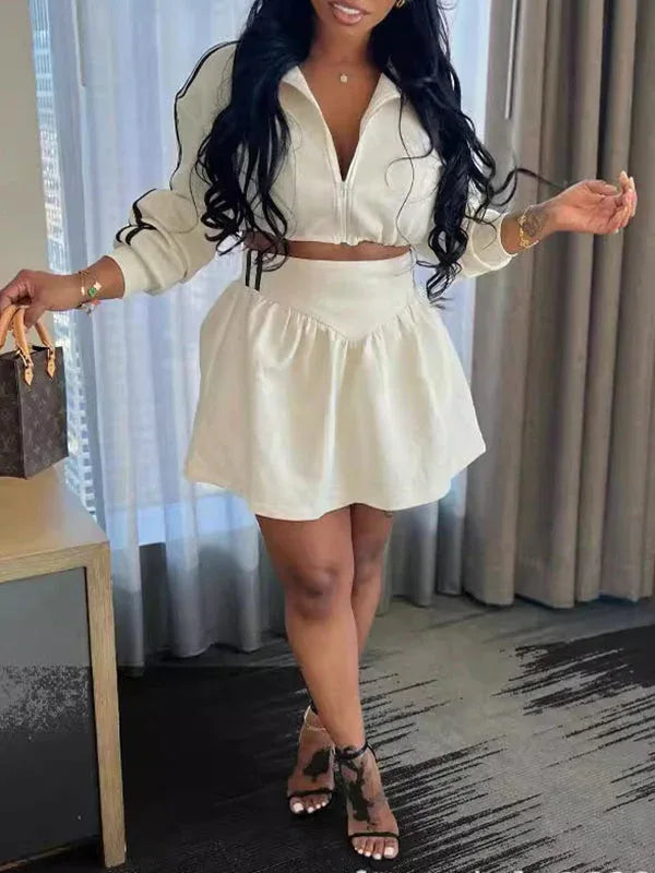 Women's Striped Zip-Front Crop Top & Mini Skirt Set