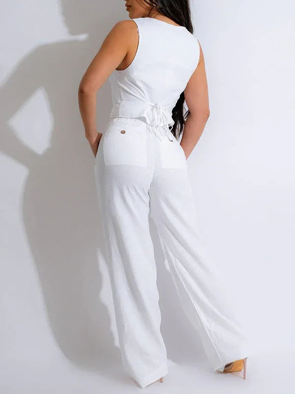 Women's Button-Front Sleeveless Vest & Straight-Leg Pants Set