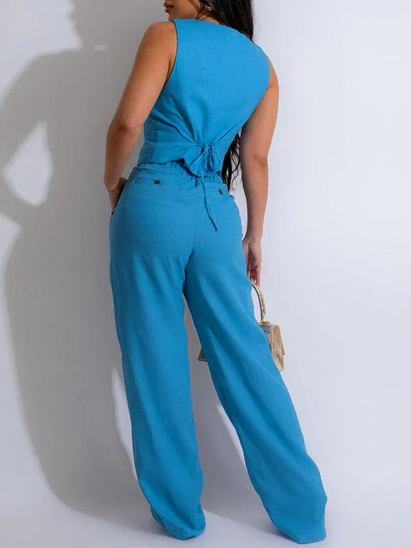 Women's Button-Front Sleeveless Vest & Straight-Leg Pants Set
