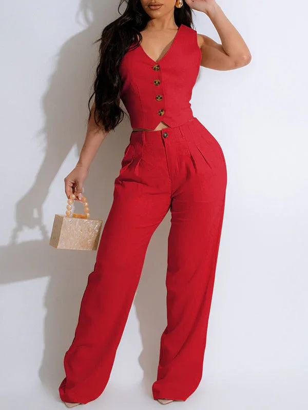 Women's Button-Front Sleeveless Vest & Straight-Leg Pants Set