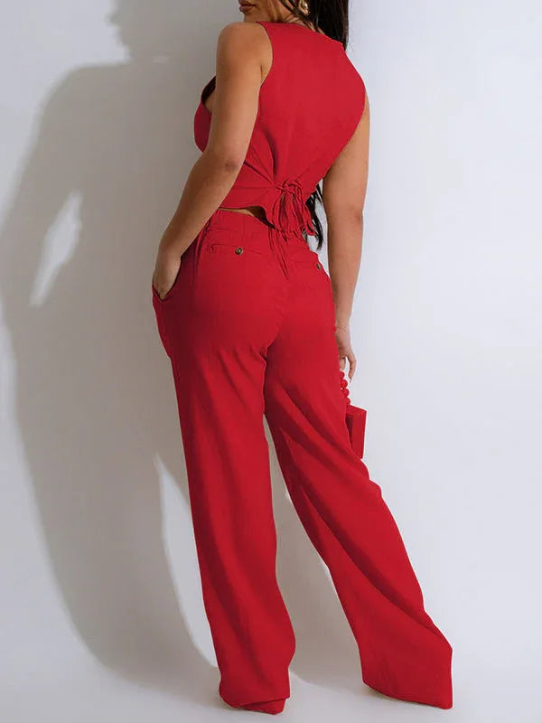 Women's Button-Front Sleeveless Vest & Straight-Leg Pants Set