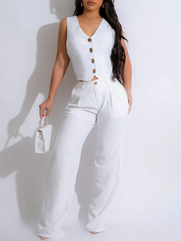 Women's Button-Front Sleeveless Vest & Straight-Leg Pants Set