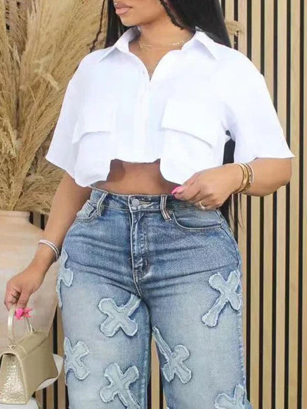 Women's White Cropped Multi-Pocket Cargo Button-Down Shirt