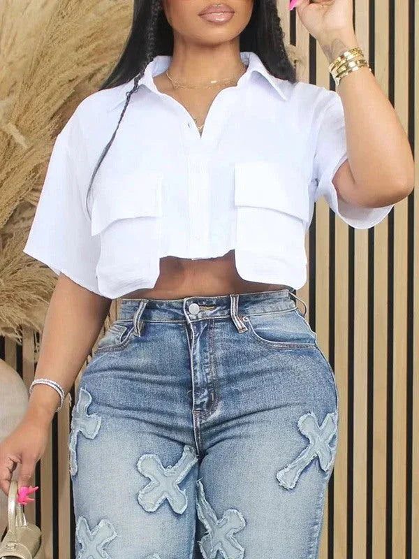 Women's White Cropped Multi-Pocket Cargo Button-Down Shirt