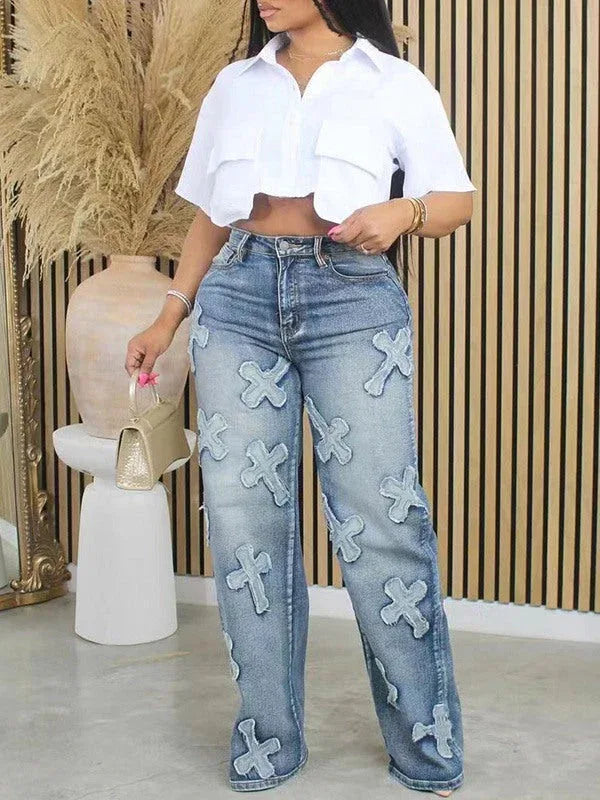 Women's White Cropped Multi-Pocket Cargo Button-Down Shirt