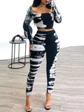 Women's Printed Ribbed Crop Top & High-Waist Pants Set