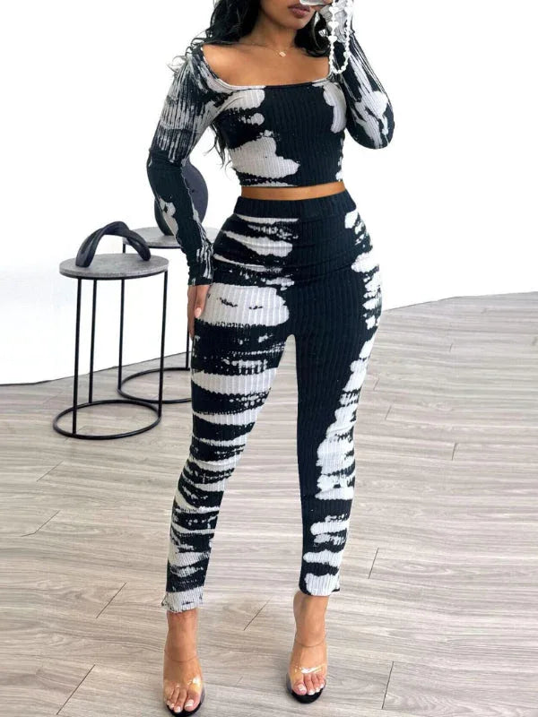Women's Printed Ribbed Crop Top & High-Waist Pants Set