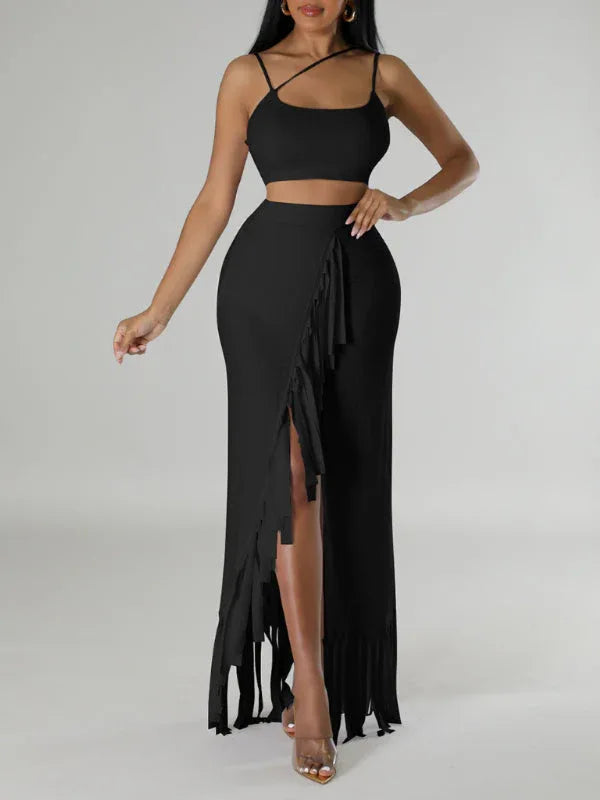 Women's Solid Sleeveless Cami Top & Boho Fringe Midi Skirt Set
