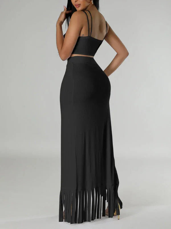Women's Solid Sleeveless Cami Top & Boho Fringe Midi Skirt Set