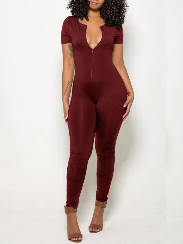Women's Solid Zip-Front Sleeveless Skinny Jumpsuit