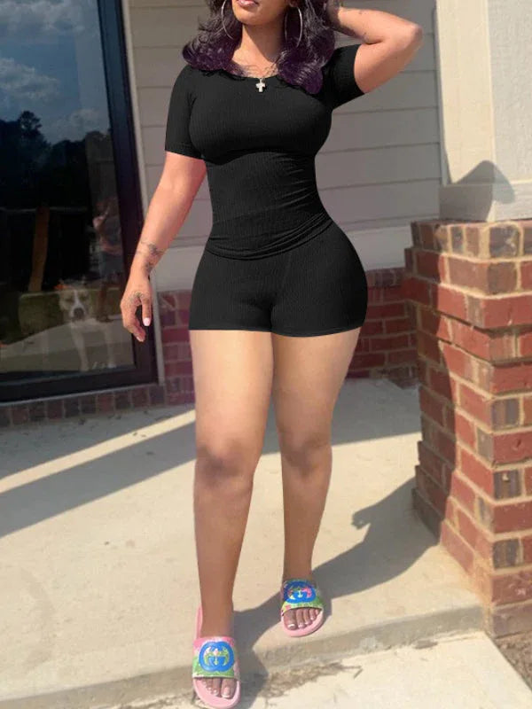 Women's Solid Ribbed Crop Top & High-Waist Shorts Set