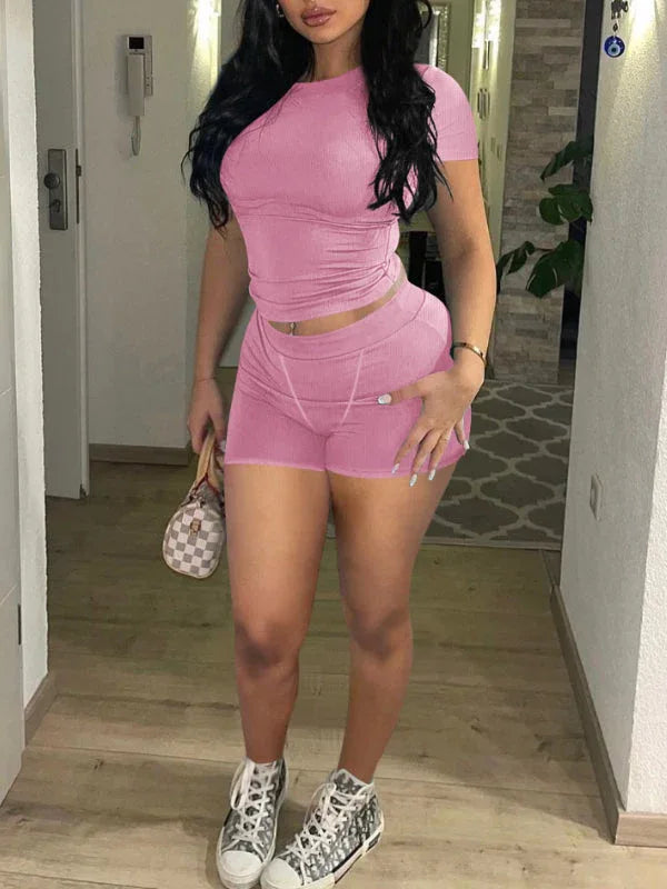 Women's Solid Ribbed Crop Top & High-Waist Shorts Set