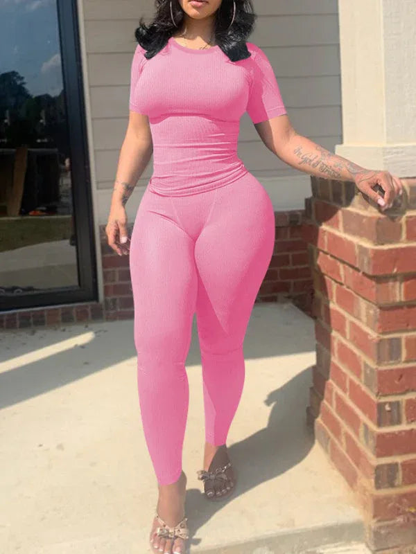 Women's Solid Ribbed Crop Top & High-Waist Straight Pants Set