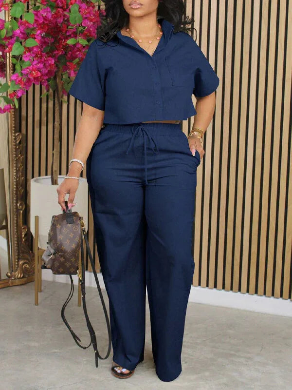 Women's Solid Button-Down Shirt & Relaxed Wide-Leg Pants Set
