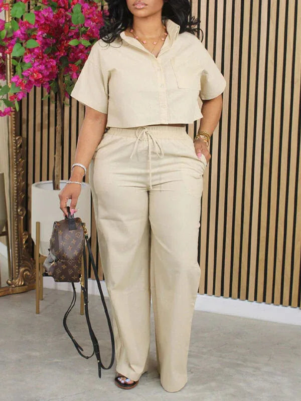 Women's Solid Button-Down Shirt & Relaxed Wide-Leg Pants Set