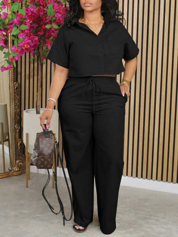 Women's Solid Button-Down Shirt & Relaxed Wide-Leg Pants Set
