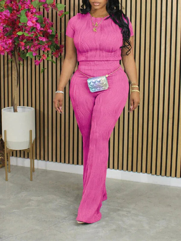 Women's Solid Wavy-Hem Crop Top & High-Waist Pants Set