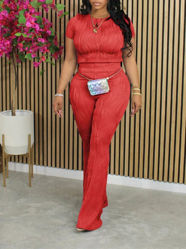 Women's Solid Wavy-Hem Crop Top & High-Waist Pants Set