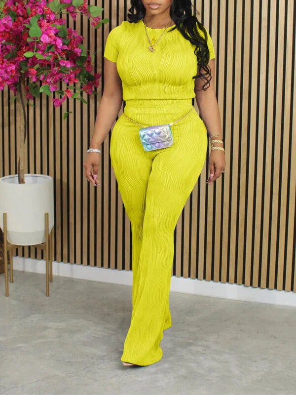 Women's Solid Wavy-Hem Crop Top & High-Waist Pants Set