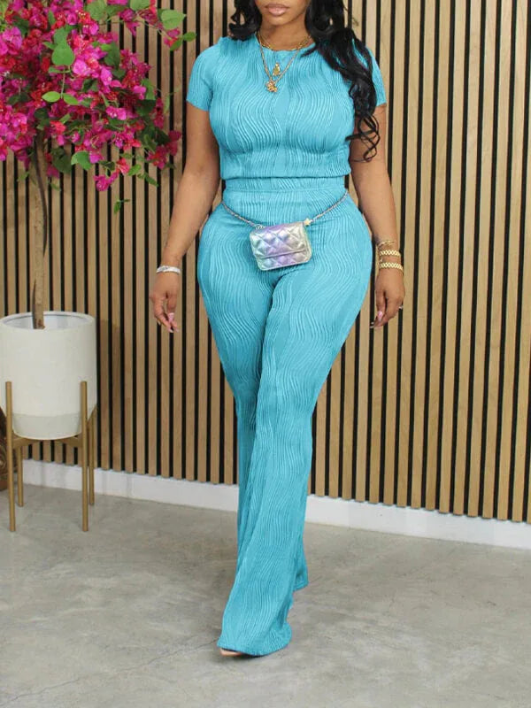 Women's Solid Wavy-Hem Crop Top & High-Waist Pants Set