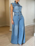 Women's Button-Front Sleeveless Denim Wide-Leg Jumpsuit