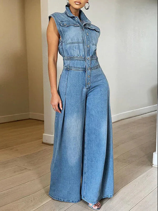 Women's Button-Front Sleeveless Denim Wide-Leg Jumpsuit