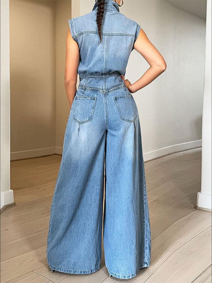 Women's Button-Front Sleeveless Denim Wide-Leg Jumpsuit
