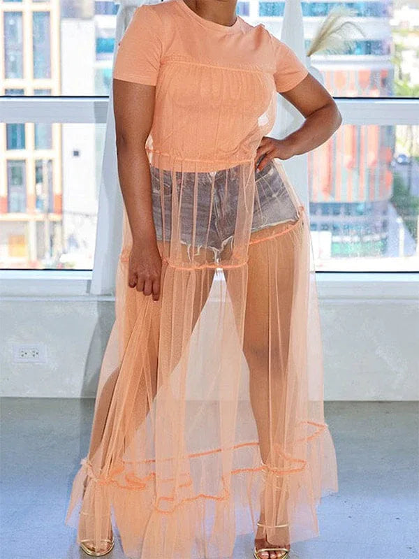 Women's Tulle Patchwork Flowy Long Tunic Top