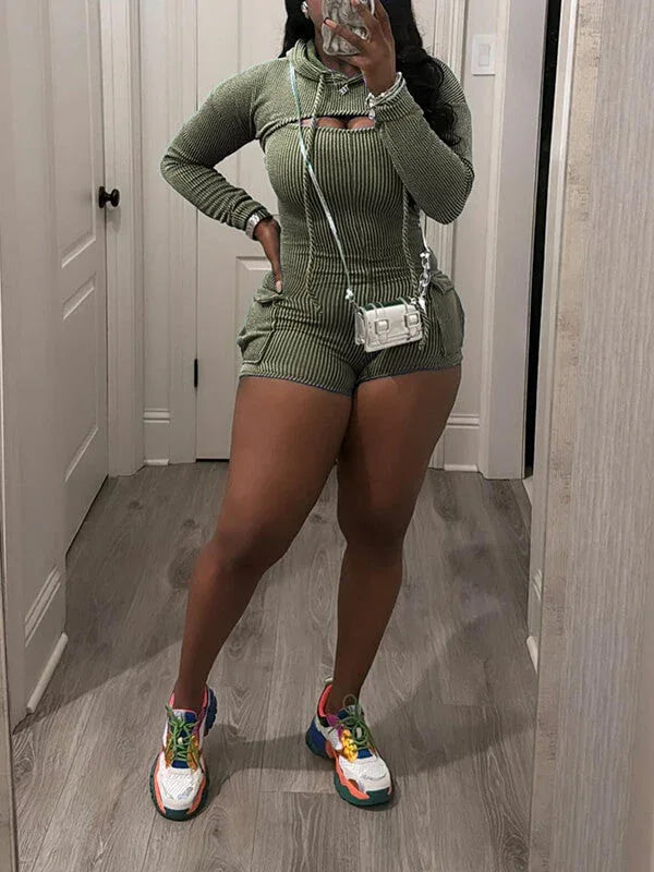 Women's Casual Cropped Hoodie & Sleeveless Romper Set