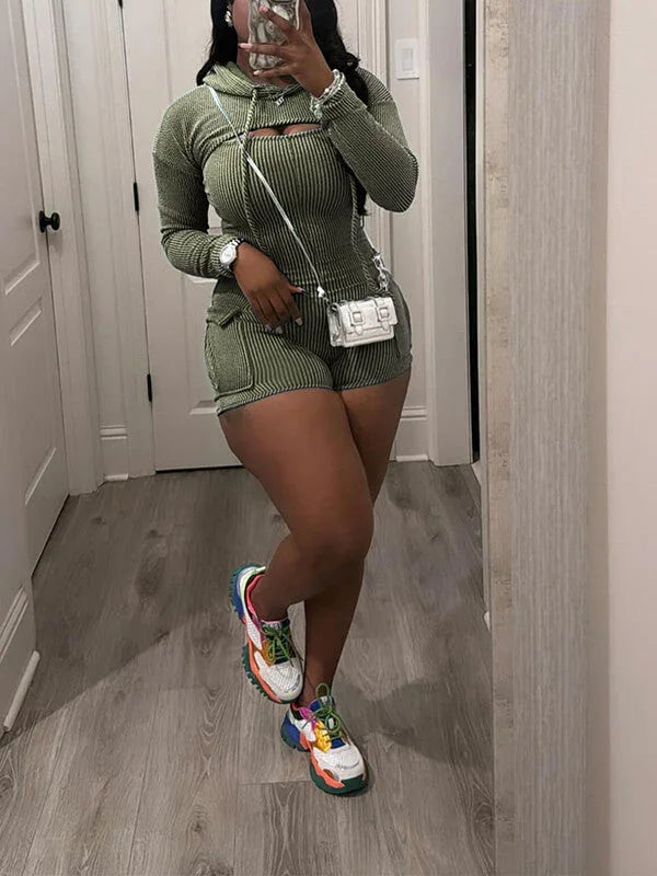 Women's Casual Cropped Hoodie & Sleeveless Romper Set