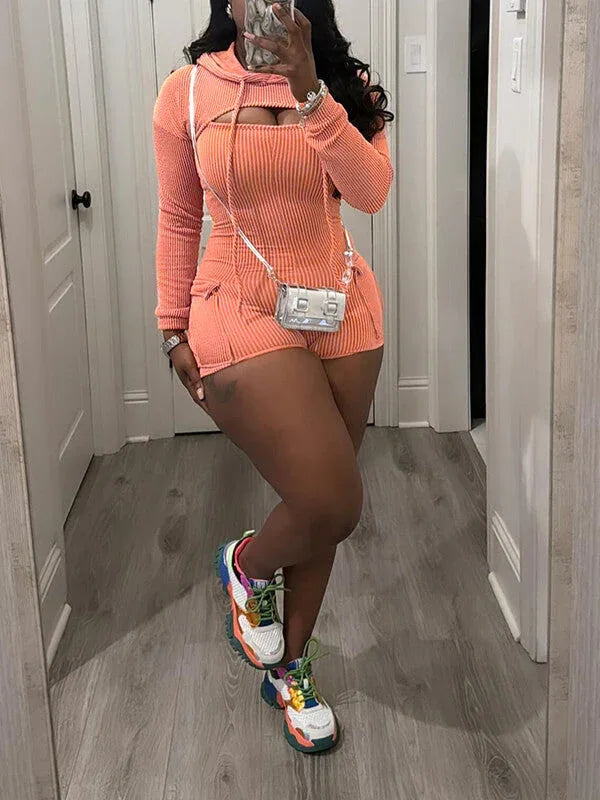 Women's Casual Cropped Hoodie & Sleeveless Romper Set