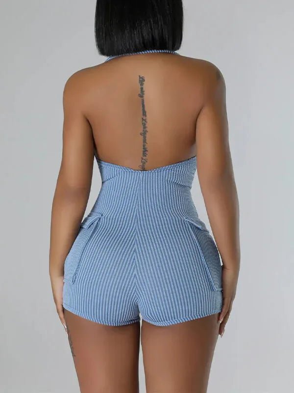 Women's Halter Neck Multi-Pocket Cargo Mini Romper