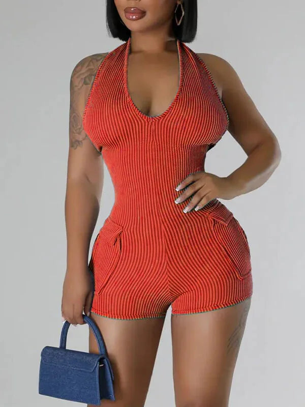 Women's Halter Neck Multi-Pocket Cargo Mini Romper
