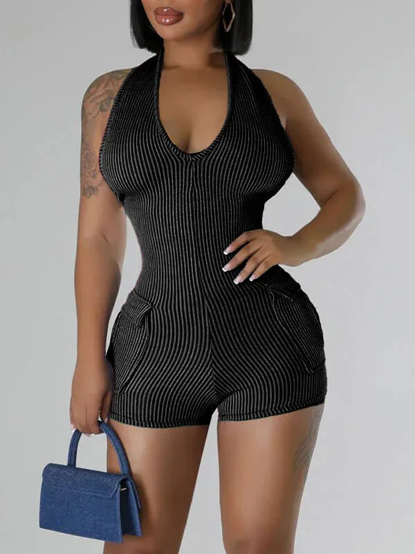 Women's Halter Neck Multi-Pocket Cargo Mini Romper