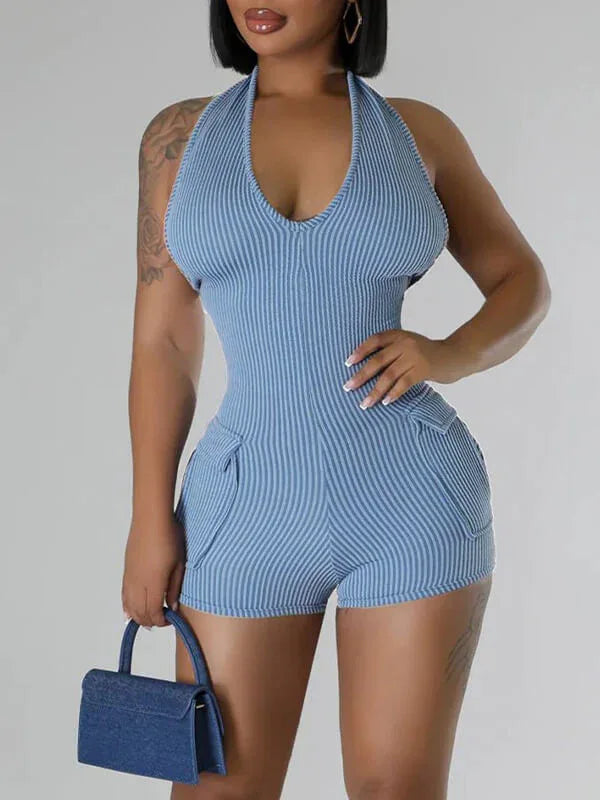 Women's Halter Neck Multi-Pocket Cargo Mini Romper