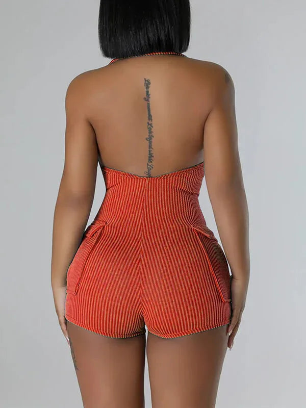 Women's Halter Neck Multi-Pocket Cargo Mini Romper