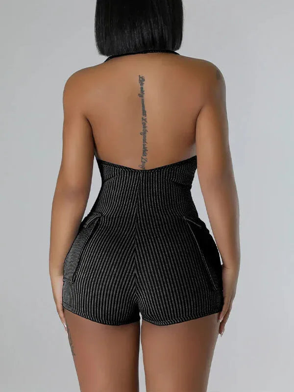 Women's Halter Neck Multi-Pocket Cargo Mini Romper