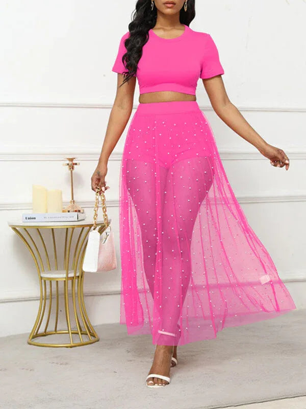Women's Solid Tee & Studded Sheer Overlay Mini Skirt Set