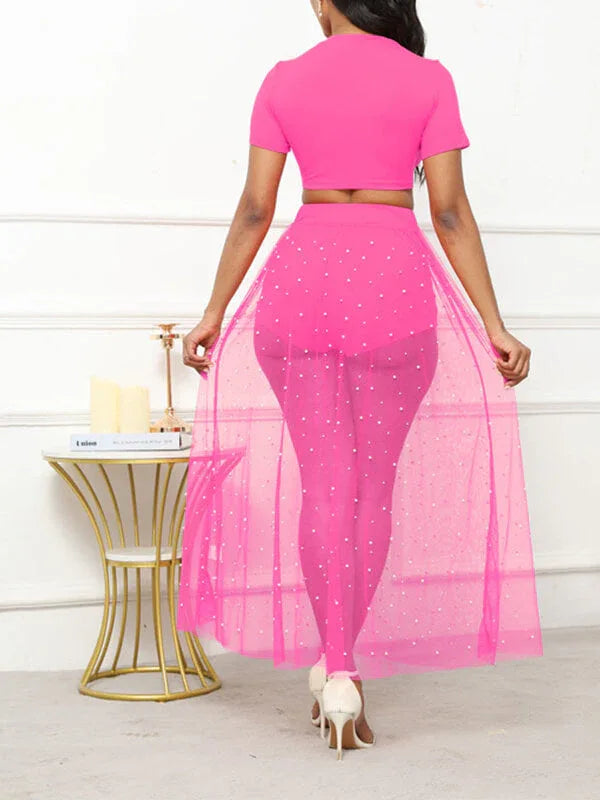 Women's Solid Tee & Studded Sheer Overlay Mini Skirt Set