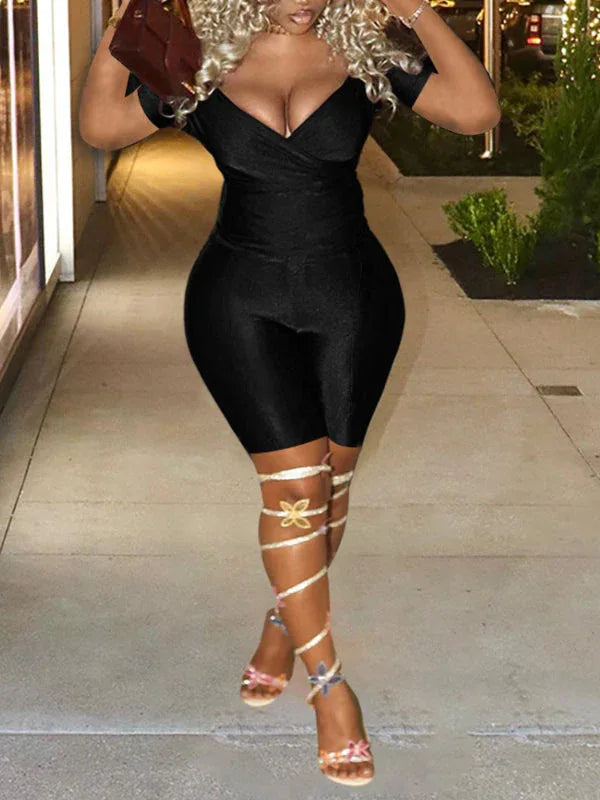 Women's Solid V-Neck Crop Top & High-Waist Pants Set