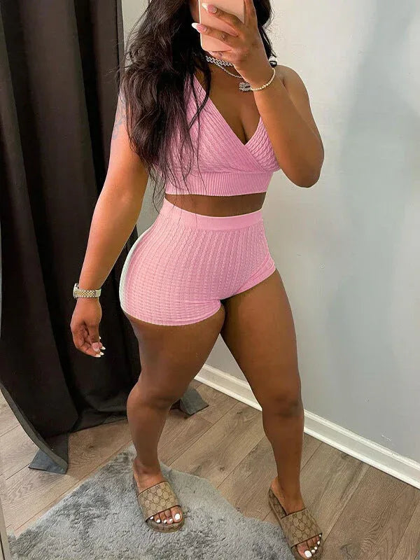 Women's V-Neck Sleeveless Tank Top & High-Waist Shorts Set