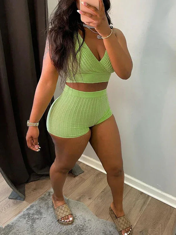 Women's V-Neck Sleeveless Tank Top & High-Waist Shorts Set
