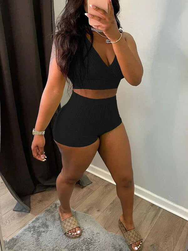Women's V-Neck Sleeveless Tank Top & High-Waist Shorts Set